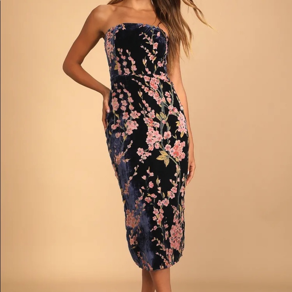 Navy floral print velvet strapless midi dress-size small